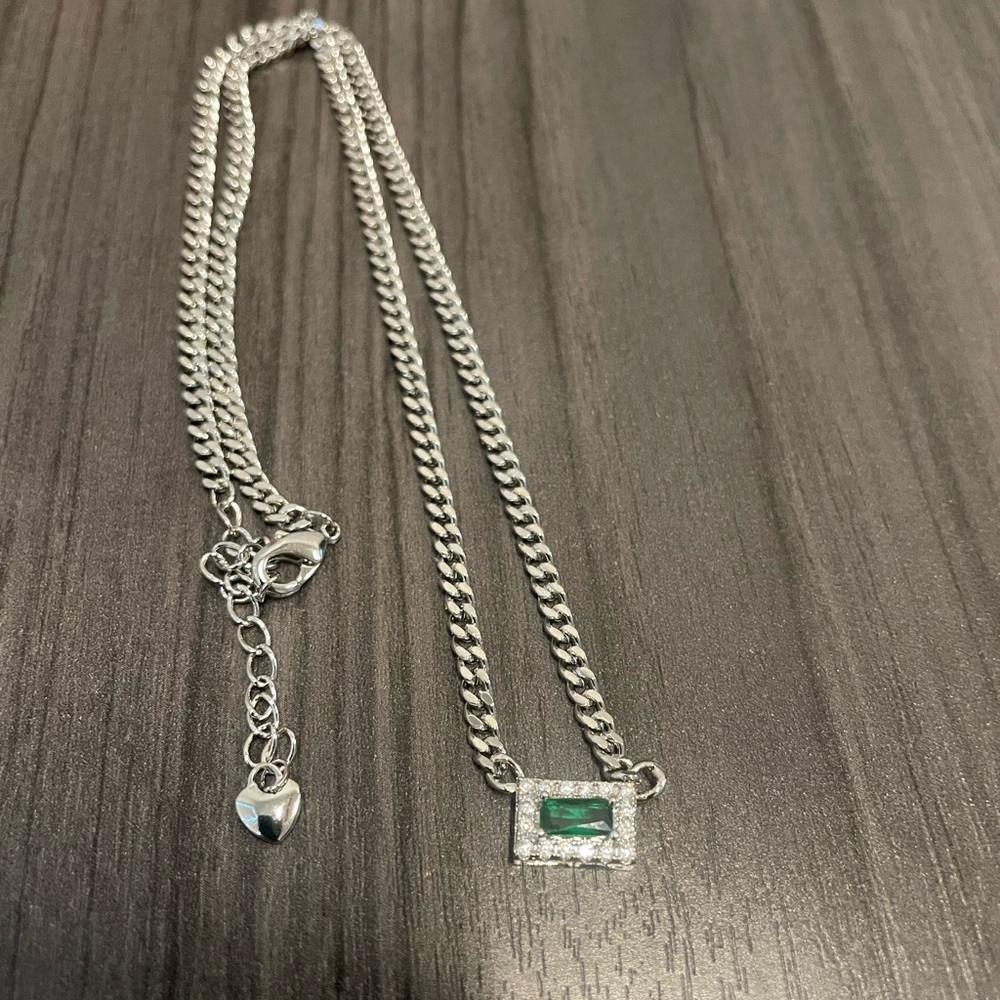 Elegant Silver Necklace with Green Simulated Emerald Pendant Necklace